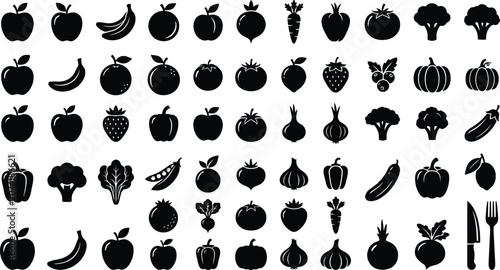 Foto Black and white fruit and vegetable including utensils vegetables symbols