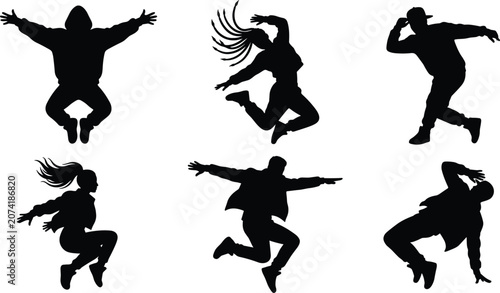 Cuadro en lienzo Hip Hop and Street Dance Silhouette Vector Set Featuring Dancers Jumping Popping