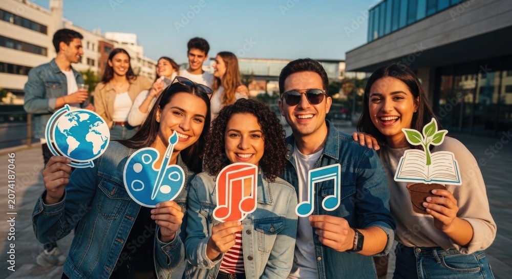 Obraz premium Happy student celebrating international youth day on august 12th, diverse young adult holding creative symbol, cheerful friend smiling with musical paper cut and world globe outdoor.