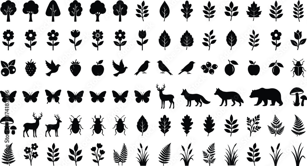 Fototapeta premium Black silhouettes of forest and woodland creatures, plants, and trees on white background