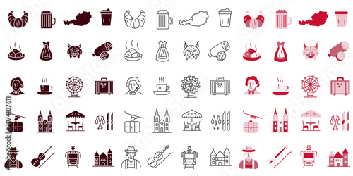 Fényképezés A collection of icons in various styles featuring images of Austrian symbols