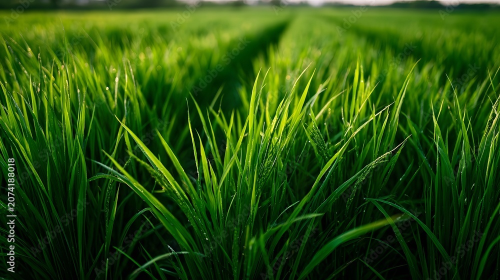 Fototapeta premium A minimalist and lush rice paddy features shimmering textures flowing lines and geometric patterns illuminated by glowing highlights