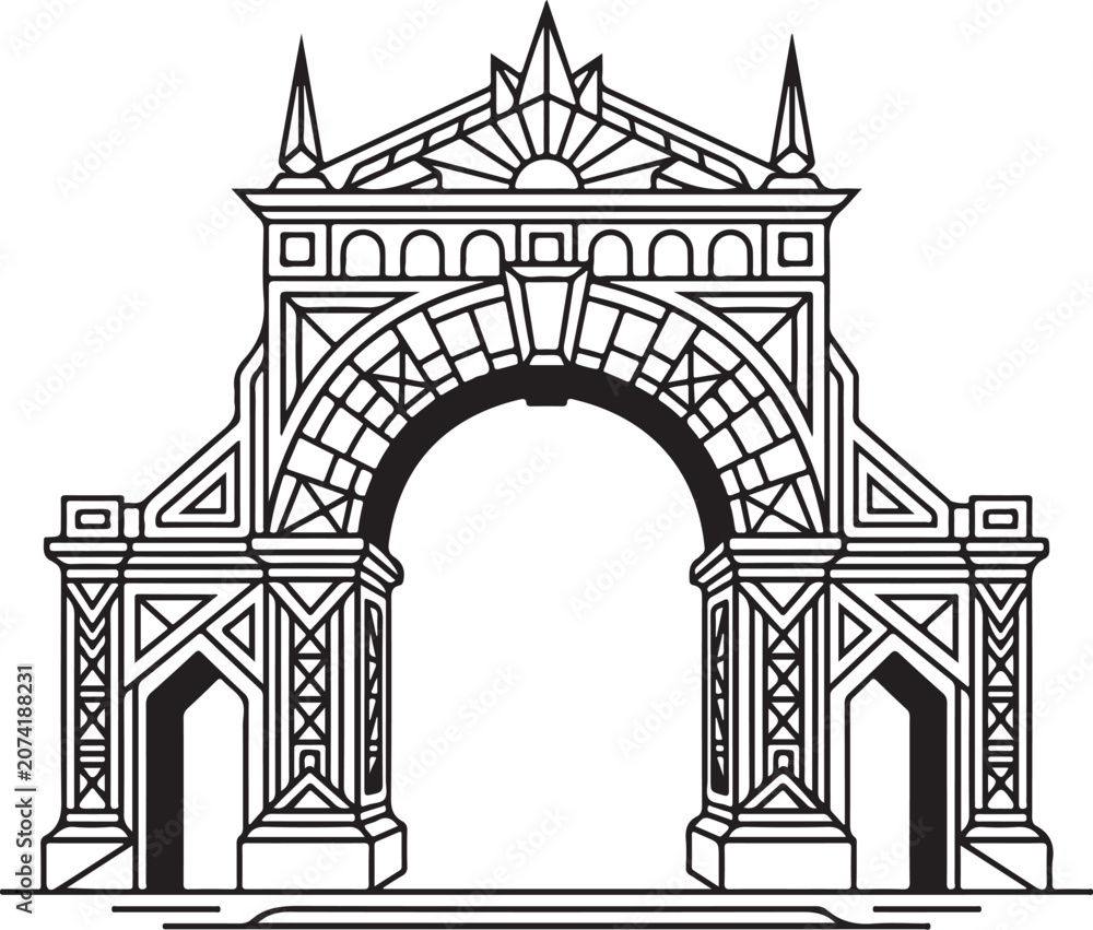 Fototapeta premium Ornate Archway, Gothic Architecture, Black Line Illustration, Vector Monument