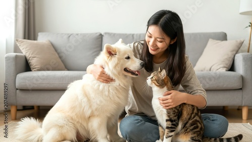 Happy young woman sitting on floor in cozy living room with white dog and striped cat