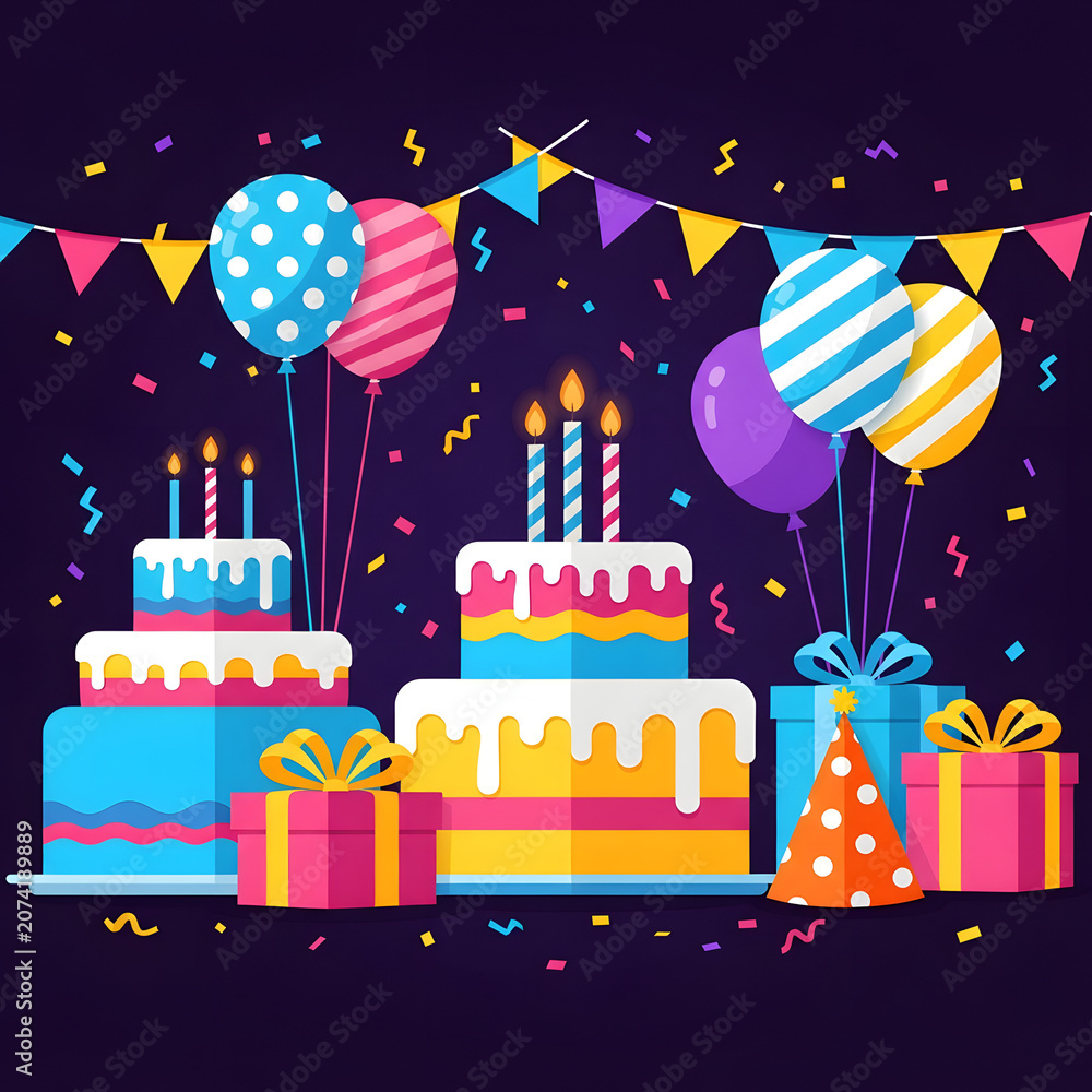 Obraz premium Colorful birthday celebration design with cakes, balloons, gifts, and confetti