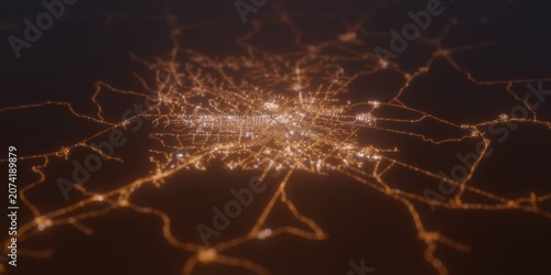 Street lights map of Yamoussoukro (Ivory Coast) with tilt-shift effect, view from east. Imitation of macro shot with blurred background. 3d render, selective focus