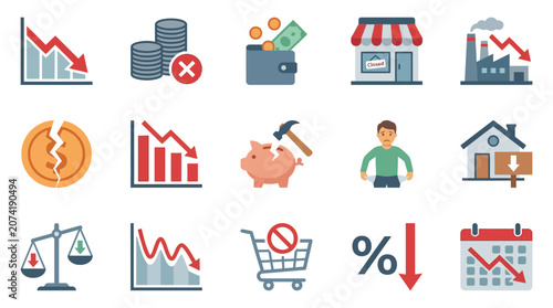 Photos Economic downturn set featuring income drop graph broken currency wallet and fin
