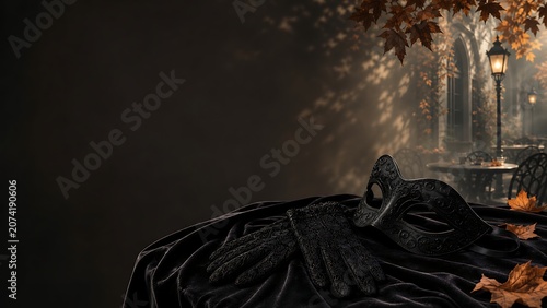 Venetian masquerade mask and black lace gloves on velvet fabric against a European street cafe backdrop, reflecting elegant dark romance and mysterious autumn carnival style