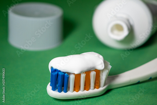 Obraz na płótnie Close-up of a toothbrush and toothpaste, oral hygiene