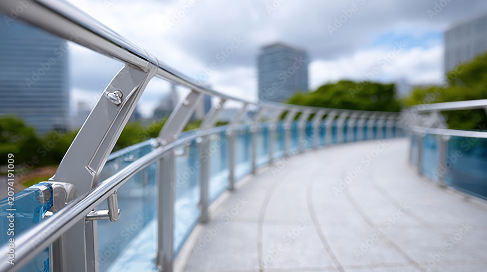 Naklejka premium Urban architecture: curved pedestrian bridge spanning road in cityscape
