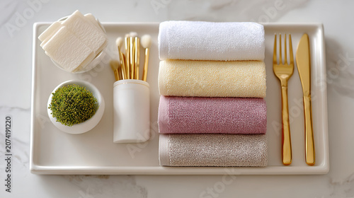 Overhead manicure tray with pastel towels and gold tools for spa background and banner design