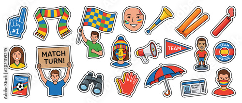 Tablou pe pânză Fan gear sticker pack vector illustration set with scarf flag horn face paint um