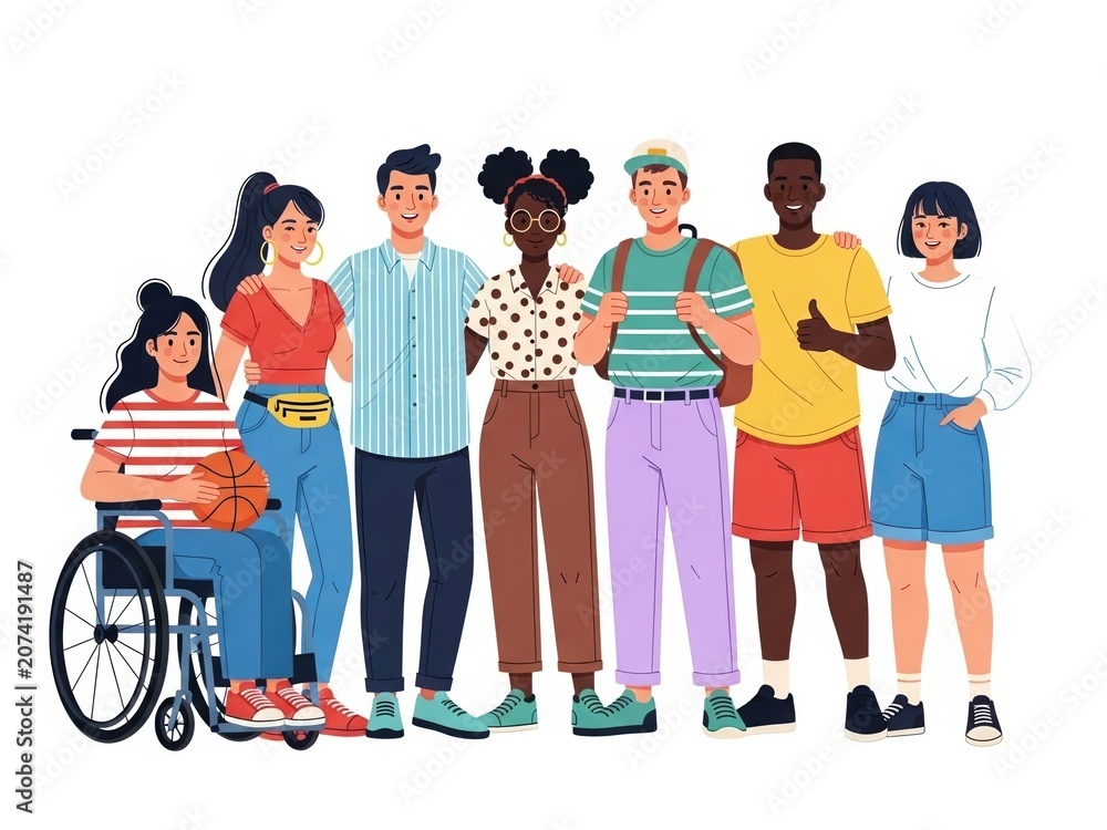 Fototapeta premium Diverse group of young people including person in wheelchair, friendship and inclusion