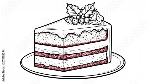 Festive Christmas cake slice with holly berry decoration.