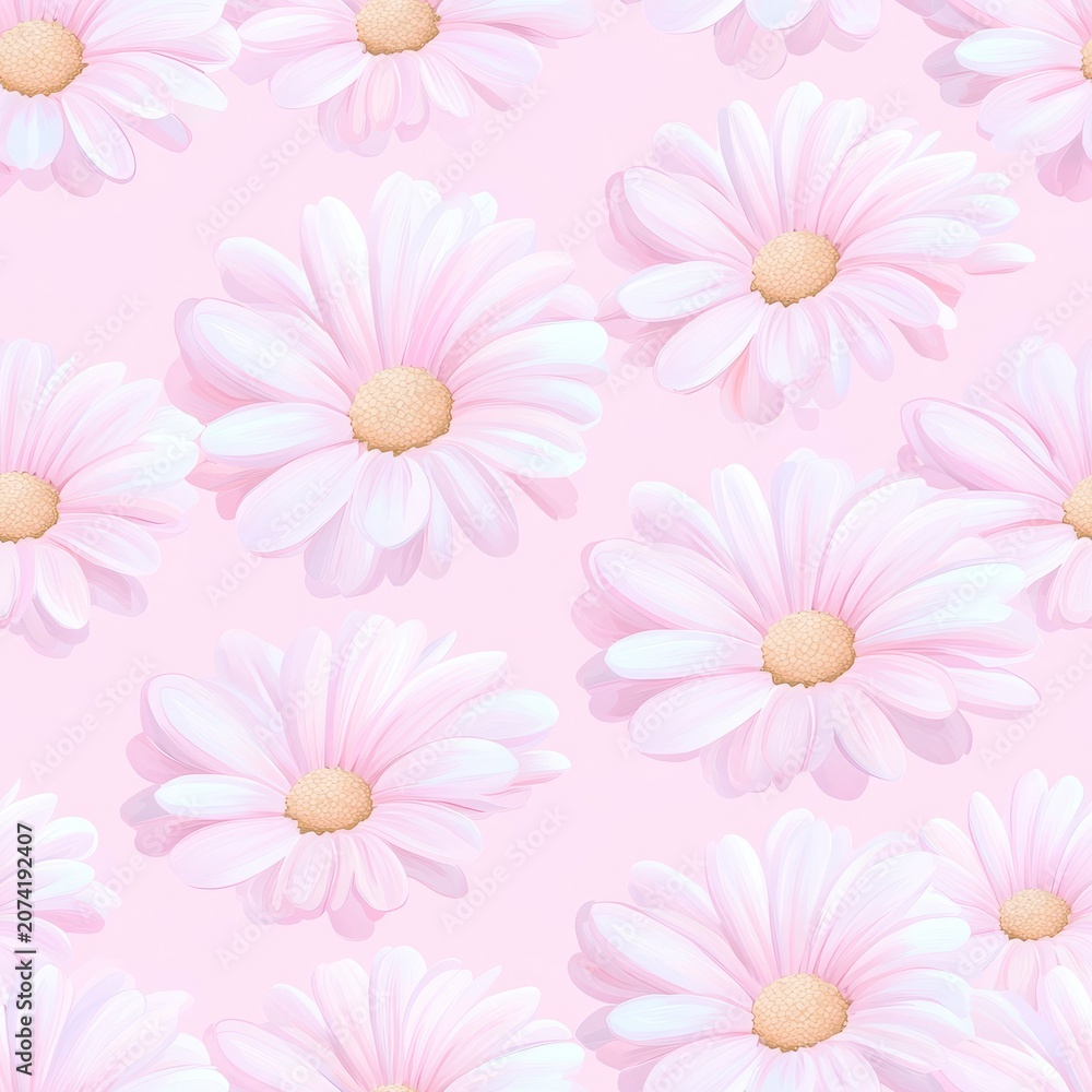 Fototapeta premium Gentle pink daisy seamless pattern. Cheerful floral vector illustration on pastel background