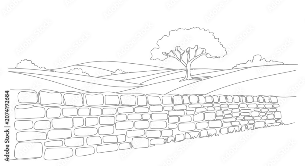 Naklejka premium Hand-drawn illustration of a stone wall, rolling hills, and a lone tree in a landscape.
