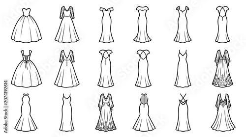 Fotografie Elegant Bridal Gown Collection Black and White Sketch Set Front and Back Views E