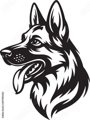 German Shepherd Dog Head Vector Illustration in Black and White