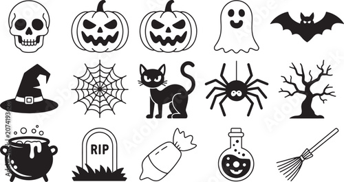 Halloween Icon Collection Vector Set with Pumpkin, Skull, Ghost, Bat and Witch Elements