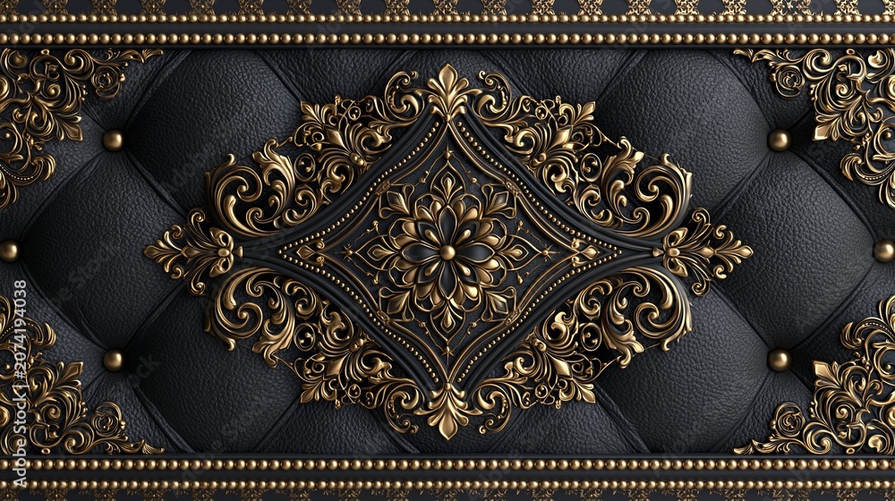 Fototapeta premium Luxurious black leather surface featuring intricate golden filigree ornaments and ornate vintage scrolling patterns for a rich elegant background design
