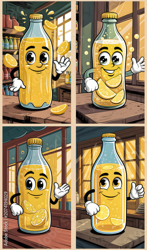 Refreshing Lemonade Cartoon Bottle with Smiling Face and Citrus Slices 