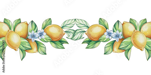 Photos Lemon Seamless Border Watercolor Illustration, Repeating Citrus Branch Frame wit