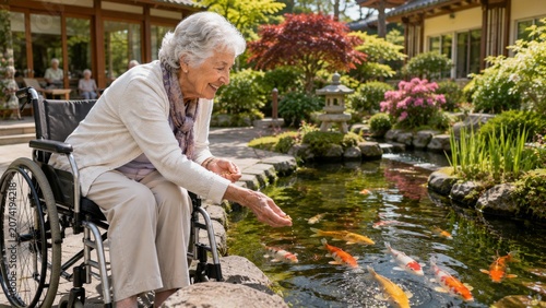 Happy senior woman in wheelchair feeding colorful koi fish in a peaceful Japanese garden at retirement community