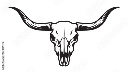 Bull Skull with Long Horns in a Minimalist Black and White Illustration Featuring Animal, Vector, Design with Outline and Artistic Elements