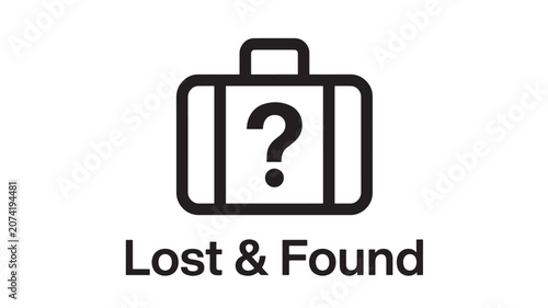 Briefcase Icon with Question Mark and Text “Lost & Found” for Missing Items, Signage, and Service Concept Design