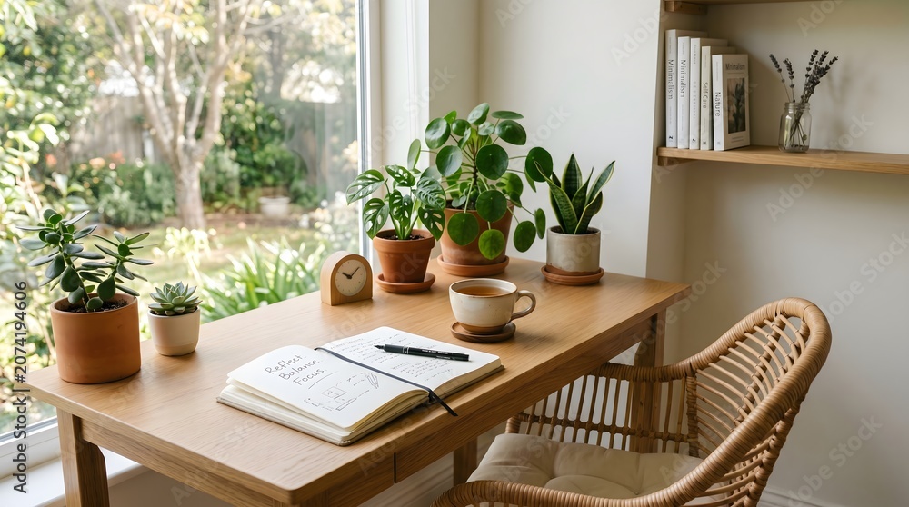 Fototapeta premium A serene and cozy minimalist workspace featuring a light wood desk next to a bright window with a view of a green garden