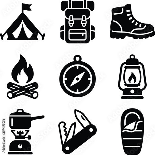 Camping icons including a tent, backpack, hiking boot, campfire, compass, lantern, camping stove, multi-tool, and sleeping bag