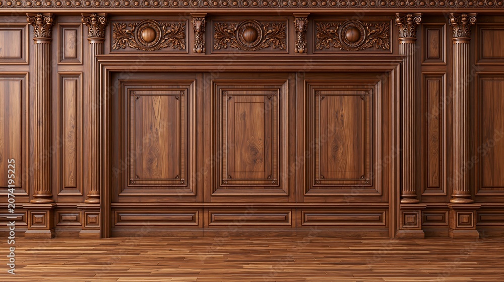 Obraz premium Elegant classic interior wall features ornate dark mahogany wood paneling with intricate carved columns and detailed traditional decorative molding patterns