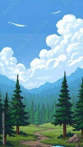 Pixel Art Forest Landscape with Mountains and Clouds.