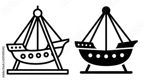 Konstfotografi Black and white outline and silhouette icons of pirate ship swing amusement park