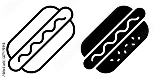 Photos Black and white hot dog icons with bun and wavy condiment line on transparent ba