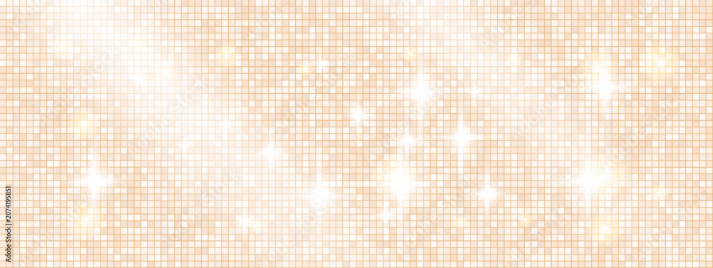 Fototapeta premium Sequin background in pale beige sparkle for invitation card. Soft sequin mosaic on a disco background by warm light. Vector dance ball backdrop with abstract gold shimmer for Christmas bg promo