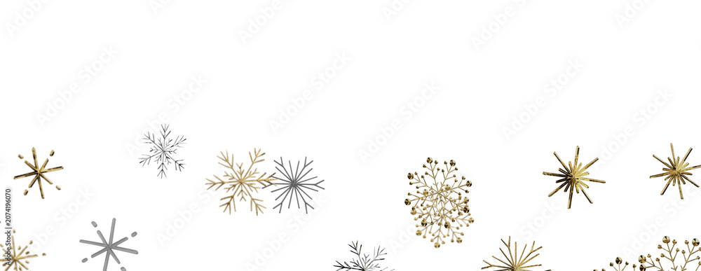 Fototapeta premium Festive winter snowflake decorations with a luxurious gold and silver metallic shine.