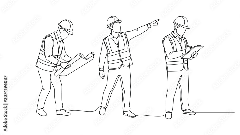 Obraz premium Continuous line drawing of three construction engineers working at a site