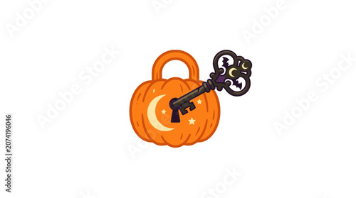 Minimalist flat design Halloween haunted key icon emerging from vintage car keyhole spooky seasonal celebration concept