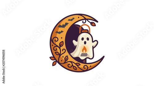 Minimalist flat design Halloween ghost lantern icon for seasonal celebration and festive decor in white color scheme