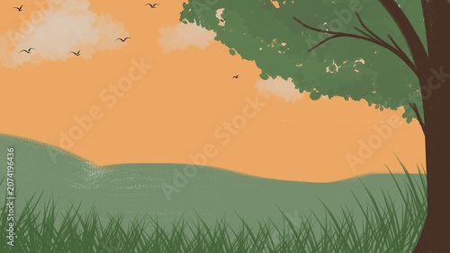 Hand-drawn digital illustration of a peaceful countryside landscape featuring a large tree, green meadow, flying birds, soft clouds, and a warm orange sunset sky. Ideal for nature backgrounds