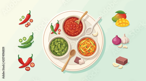 Tableau sur toile An overhead view of three bowls of colorful chili sauces, red, green, and orange, served on a white plate with various fresh ingredients like chilies, garlic, onion, and mango