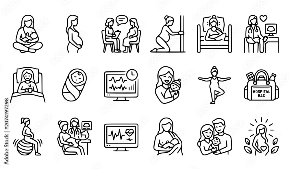 Obraz premium Childbirth and Maternity Care Line Icon Set with Breastfeeding Postpartum Support and Doula Services
