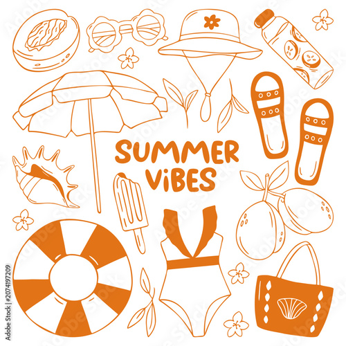 Summer elements collection with swimsuit, ring float, umbrella, bucket hat, flower sunglasses, bottle and lettering, orange doodle flat retro style. Vacation accessories vector set isolated on white