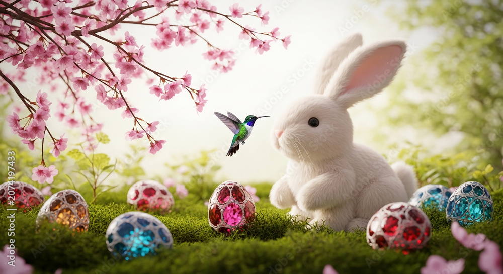 Fototapeta premium Fluffy white bunny, colorful jeweled eggs, and a hummingbird under blooming cherry branches, symbolizing spring, Easter, and nature's renewal