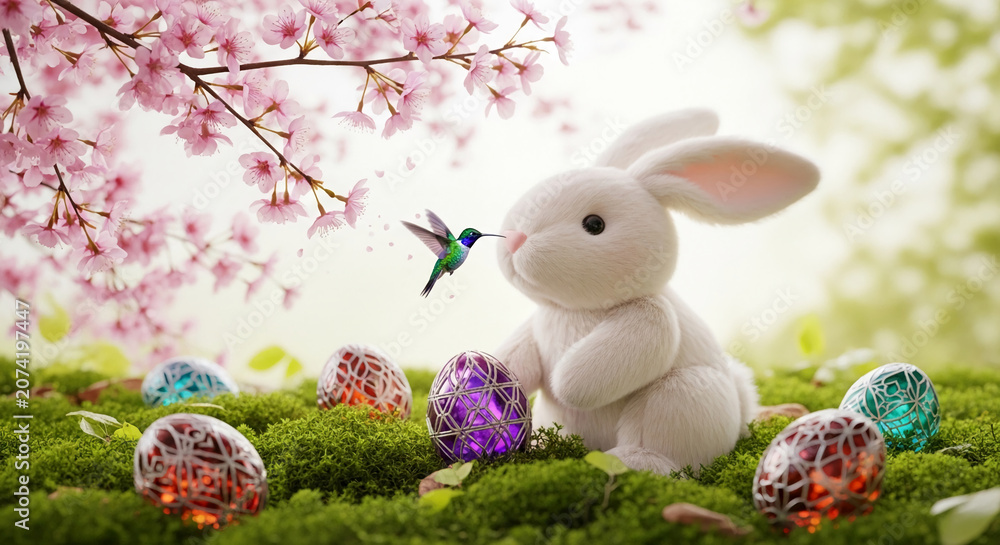 Obraz premium Fluffy white rabbit, decorated eggs, and a hummingbird amidst pink cherry blossoms and green moss, symbolizing spring, Easter, and new beginnings