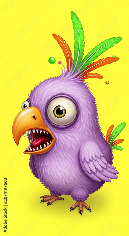 Fototapeta premium A quirky, purple, cartoon bird with a wide, toothy grin and big, bulging eyes. It has orange and green feathers on its head, representing a whimsical and playful character