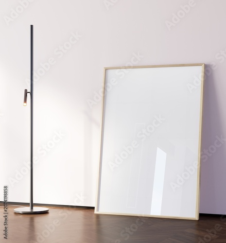 3D Render of Minimal SInterior with Blank Wooden Poster Frame and Modern Floor Lamp Mockup