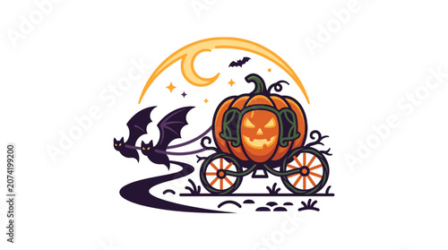 Minimalist flat design Halloween haunted pumpkin carriage icon with spooky silhouette in black and white for seasonal celebration creative projects and festive decorations