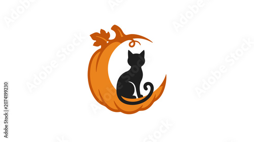 Minimalist flat design Halloween icon featuring a black cat silhouette sitting inside a crescent moon on white canvas